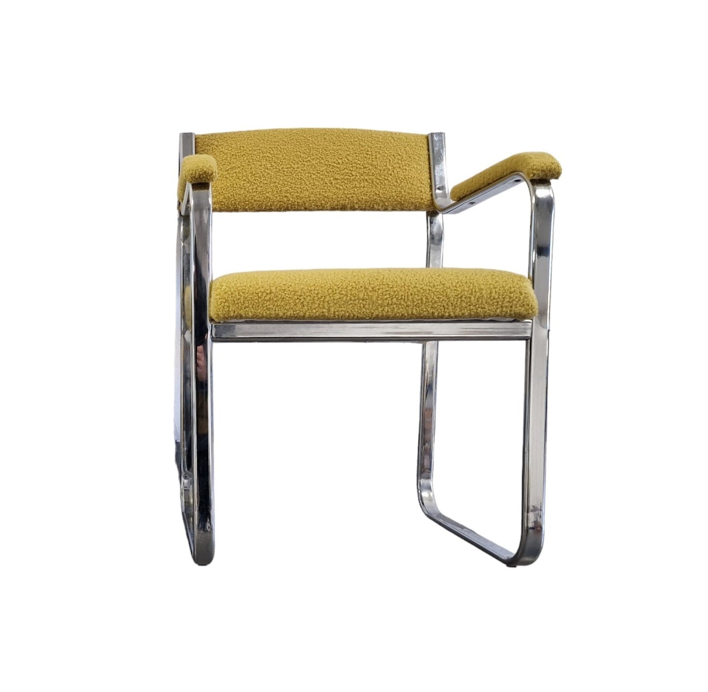 PAIR OF STEEL AND BOUCLE ARMCHAIRS.