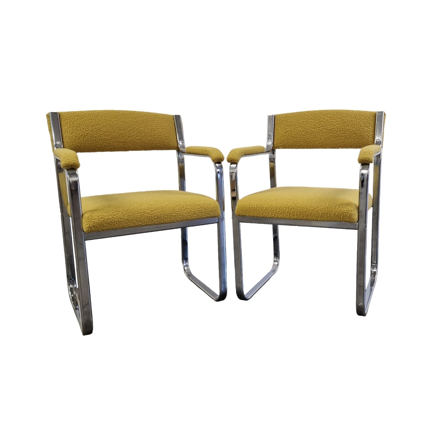 PAIR OF STEEL AND BOUCLE ARMCHAIRS.