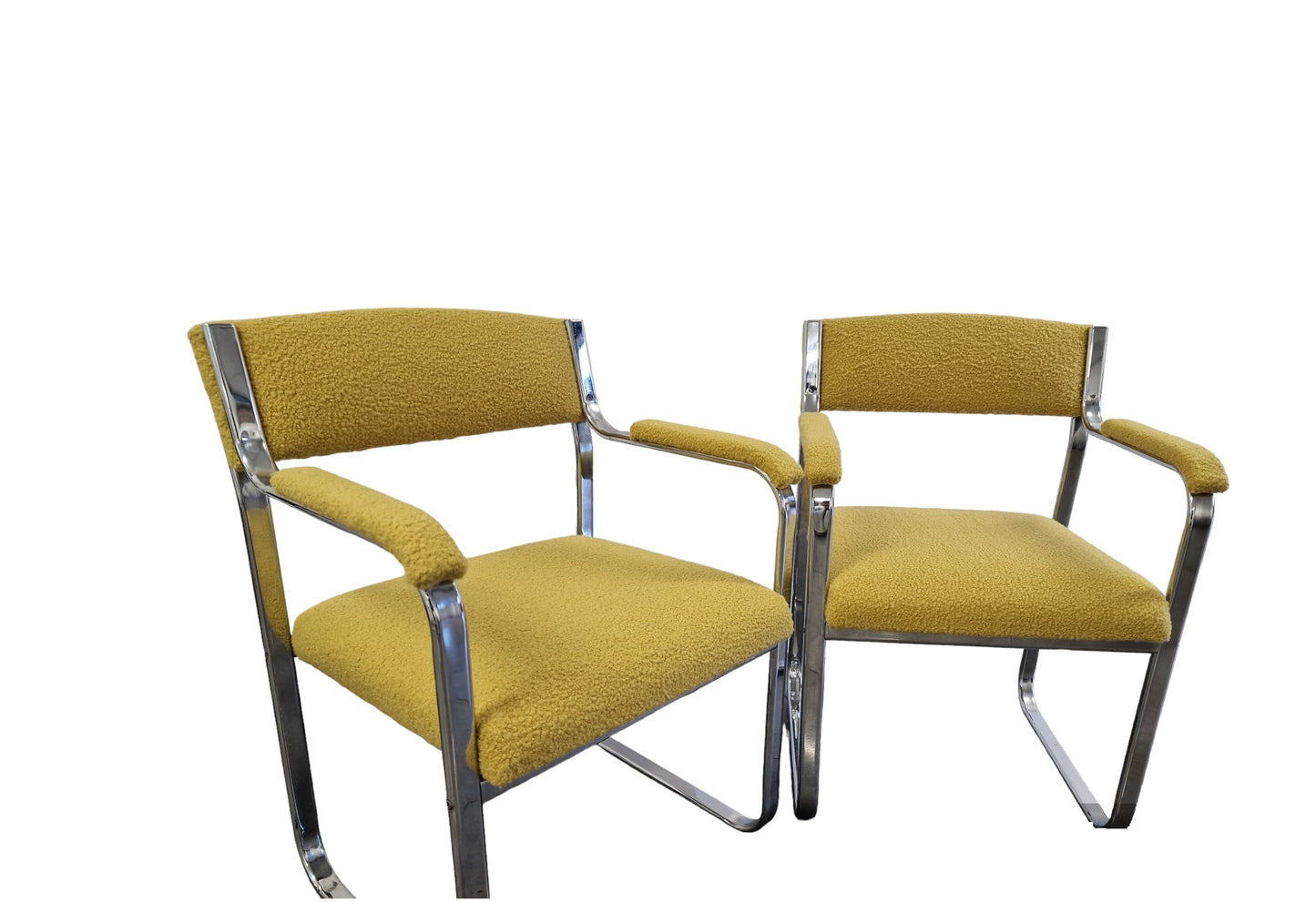 PAIR OF STEEL AND BOUCLE ARMCHAIRS.